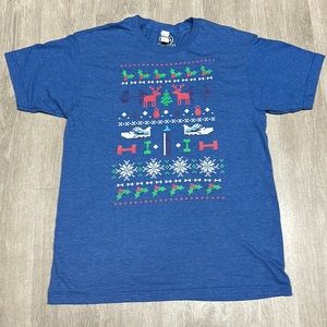 Blue Graphic Tee with Festive Design